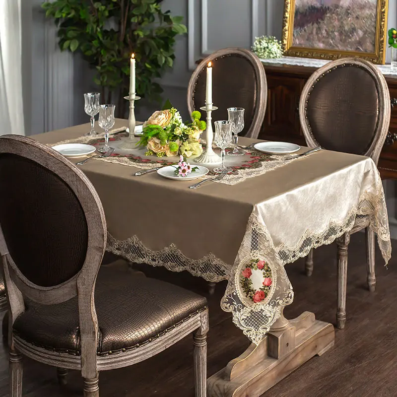

Vintage Rose Lace Velvet European Tablecloths Rectangle Party Home Decor Dining Coffee Tea Table Cover Embroidery Soft White