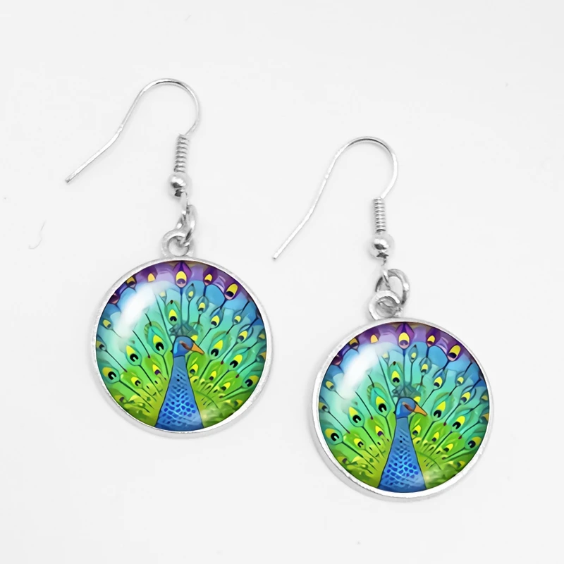 Женские серьги в стиле бохо выпуклые из стекла с узором виде павлиньих перьев