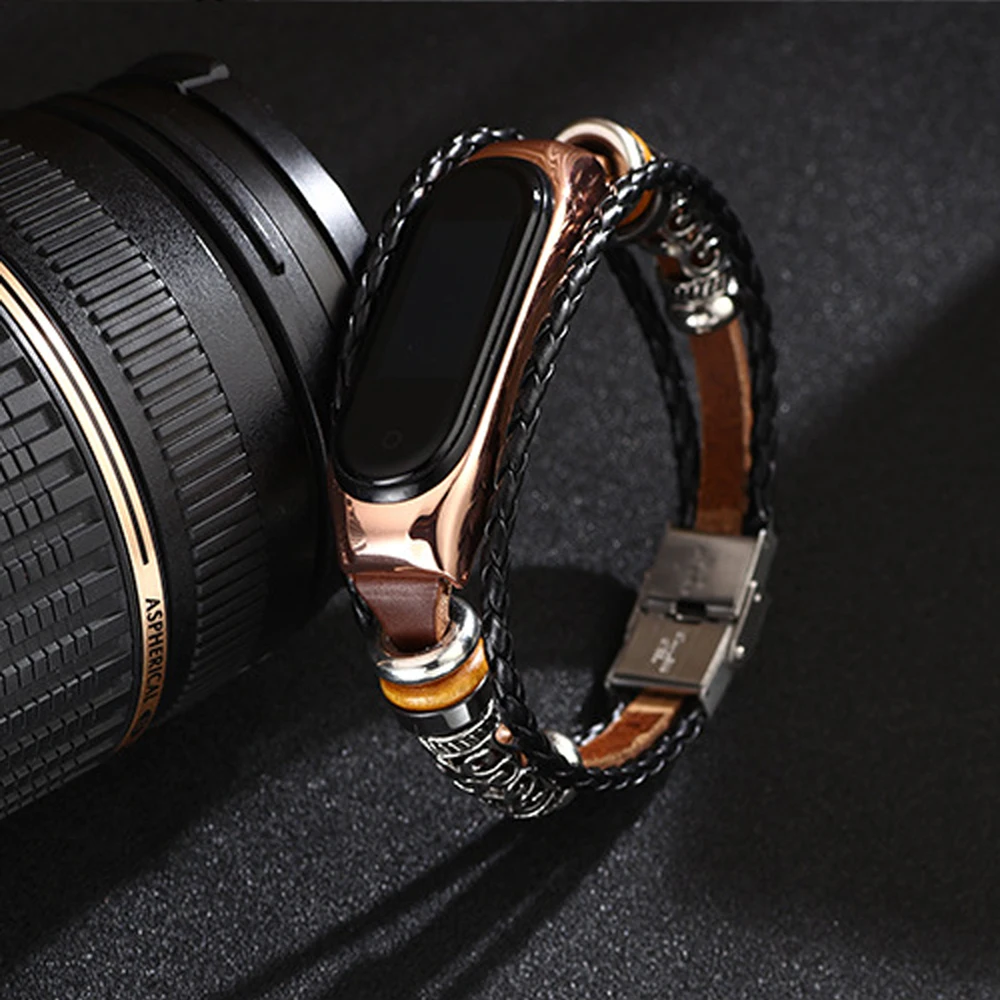 

Кожаный Плетеный ремешок для Xiaomi Mi Band 4 3 5 NFC смарт-браслет металлический корпус ремешки для часов аксессуары для Miband 5 3 4 браслет