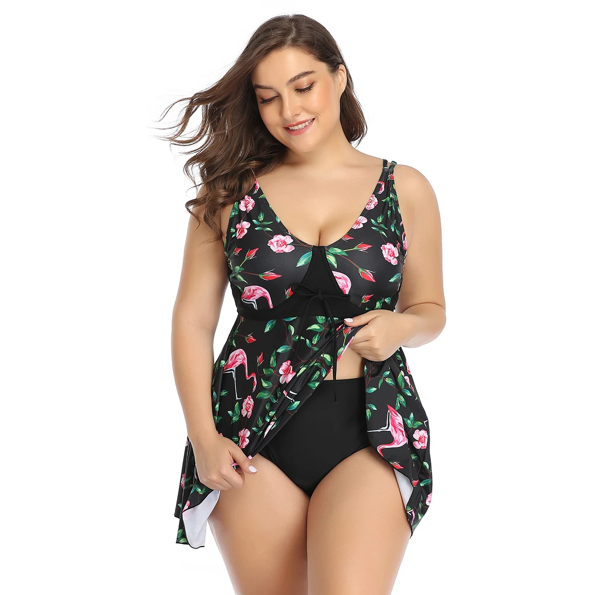 

Women's Swim Suit Plus Size Swimsuits with Skirt Two Piece Tankini Set Swimdress Large Female Swimwear Black Floral Beach Wear