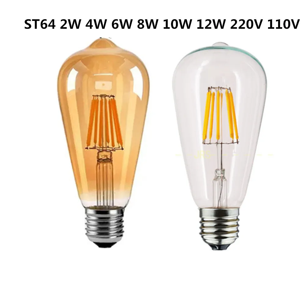 Bombilla LED de filamento Edison ST64, luz de energía regulable, E27, B22, 110V, 220V, 360 grados, 6 piezas, 2W, 4W, 6W, 8W, 10W, 12W