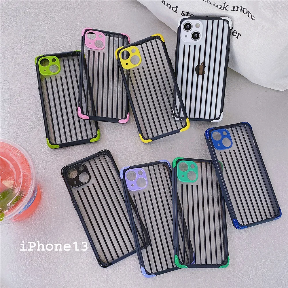 

Candy Color Stripe Transparent Fall-anti Phone Case For iphone 13 12 11 PRO MAX XS X XR 8Plus Soft Frame Camera Protective Cover