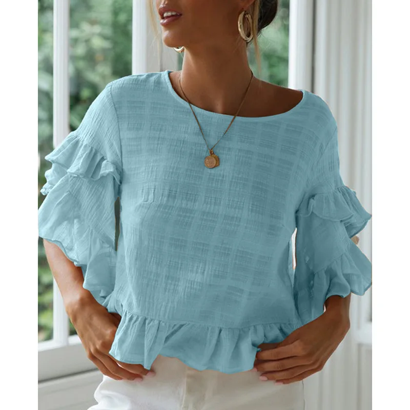 Женская летняя модная футболка с коротким рукавом и оборками по краю|Футболки| |