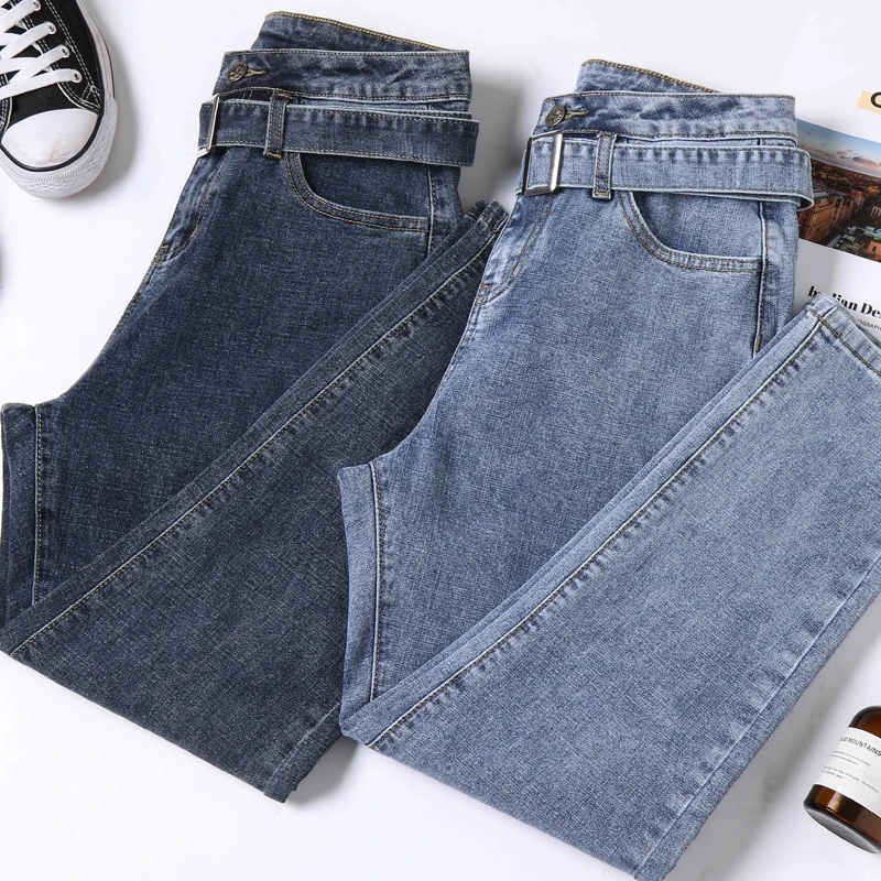 

Women's blue and black belt high-stretch fall/winter jeans