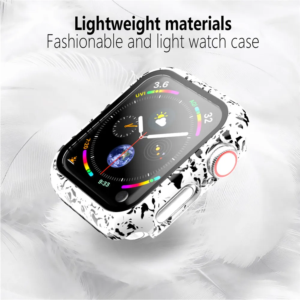 Fashion Pattern PC Hard Screen Protector Case for Apple Watch Cover Series SE 6 5 4 3 with Glass Film 40mm 44mm 38mm 42mm Bumper
