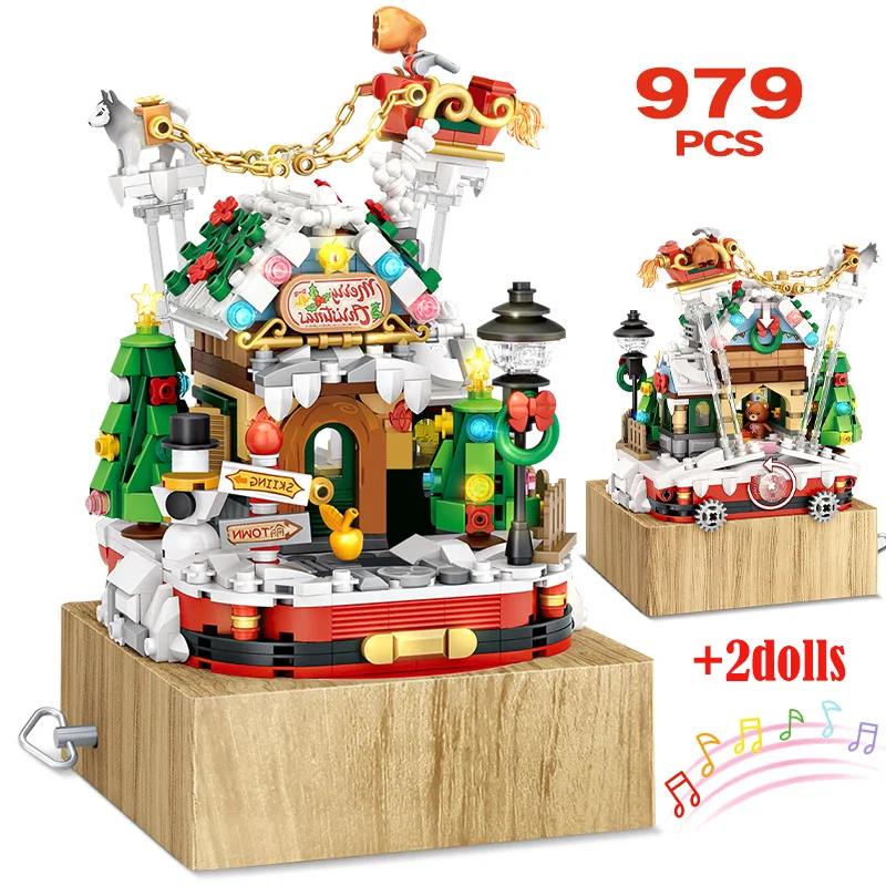 

979pcs City Mini Christmas Tree House Architecture Building Blocks Friends Santa Cabin Music Box Figures Bricks Toys for Kids