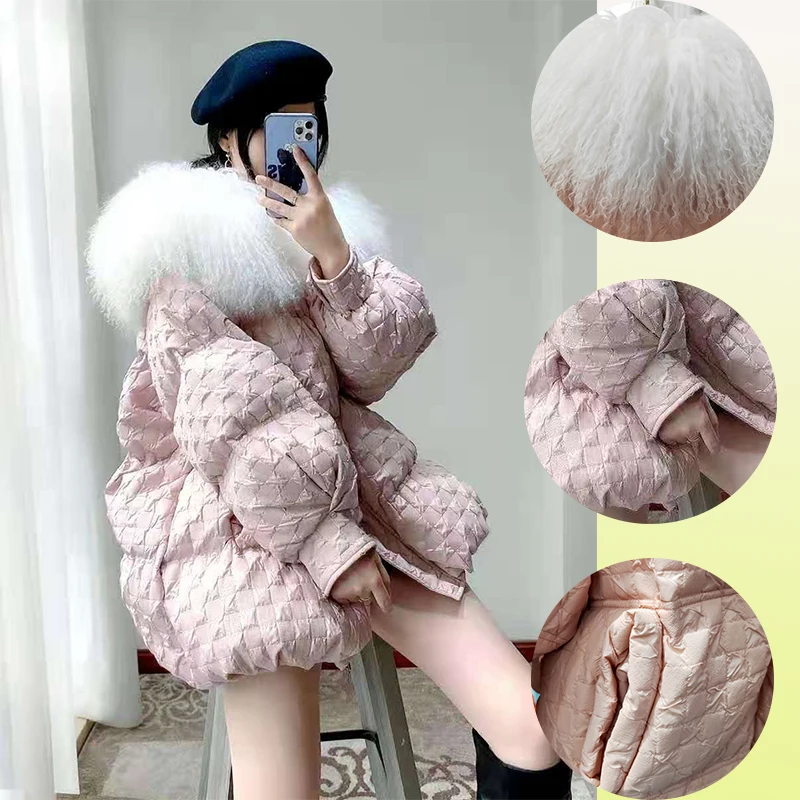 Down Jacket New Women's Winter Fashion Mid-Length White Duck down White Big Fur Collar Counter Short Western Style