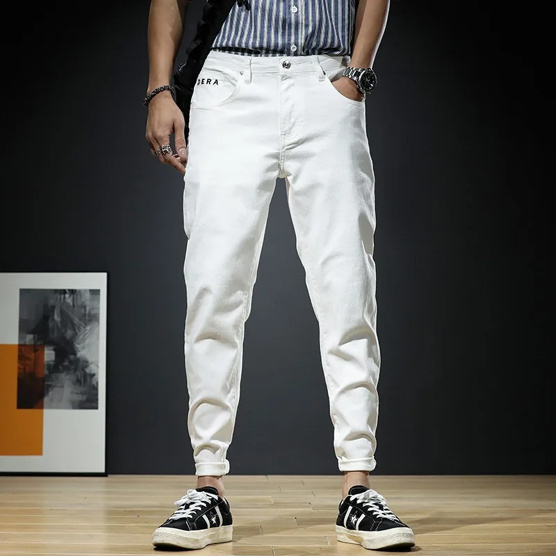 Summer Men Jeans White Pants Streetwear Slim Fit Stretch Denim Trousers Fashion Letter Printed Pantalones Hombre Vaqueros Ropa