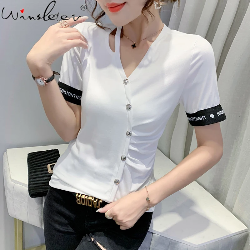 

Summer European Clothes Cotton Stretchy T-Shirt Sexy Fashion Hollow Out Button Women Tops Short Sleeve Letter Tees New T14803A