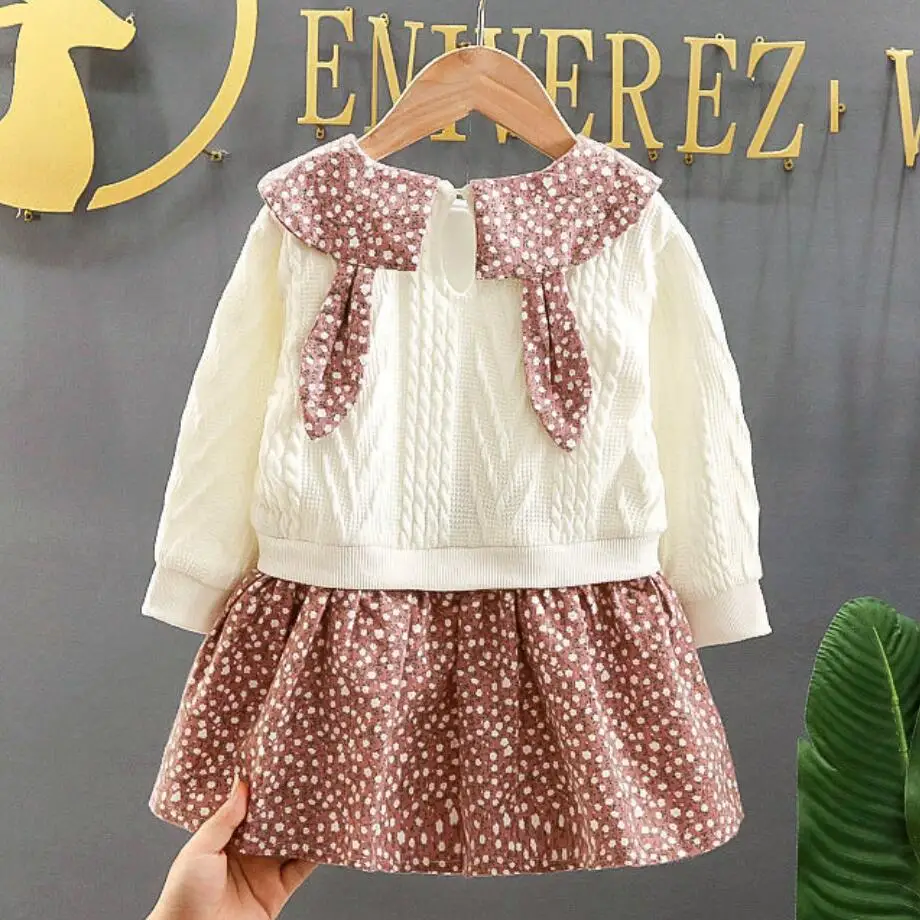 Рождественское милое платье с кроликом для детей Цветочное длинным рукавом