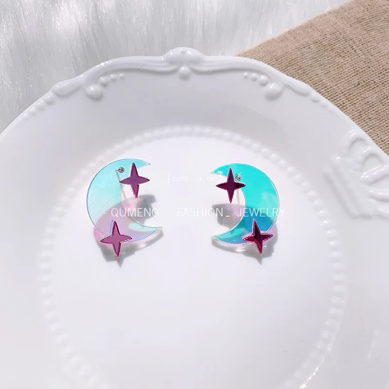 

Creative Design Simple Cute Shiny Changeable Colorful Transparent Moon Star Acrylic Stud Earrings Rainbow Jewelry