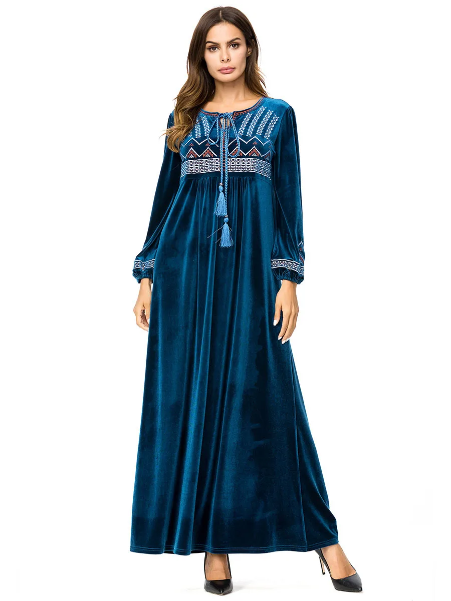 Винтаж бархатное платье с вышивкой Для женщин Абая для мусульман длинное