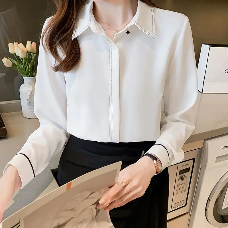 

2021 New Spring Autumn Women Blouses Casual Long Sleeve White Chiffon Shirts Fashion Slim Elegant Office Lady Tops Clothing
