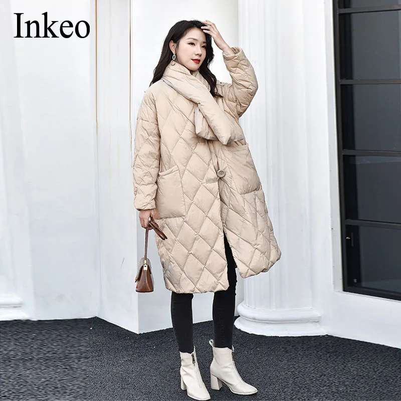

Vintage Women Scarf Thick warm Puffer jacket 2021 Winter Casual Oversized Feamle Long Coat Fashion Overcoat Khaki INKEO 1O186