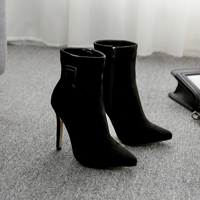 

Hjwsfdcai Black Belt Buckle Pointed Toe High Heels Shoes Ladies Sexy Stilettos High Heel Boots Woman Winter Party Ankle Boots