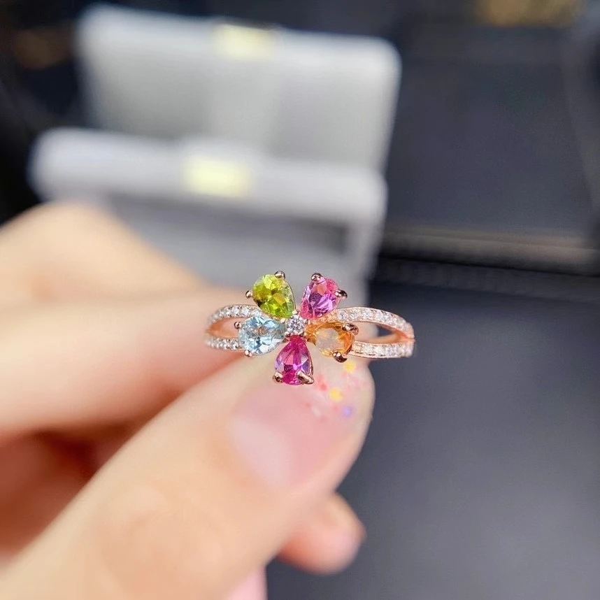 

Женское кольцо с натуральным разноцветным турмалином MeiBaPJ, из серебра 925 пробы