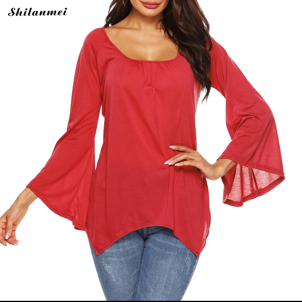 

Модные женские футболки с расклешенными рукавами, осень 2019, повседневные однотонные футболки неправильной формы, винтажная элегантная жен...