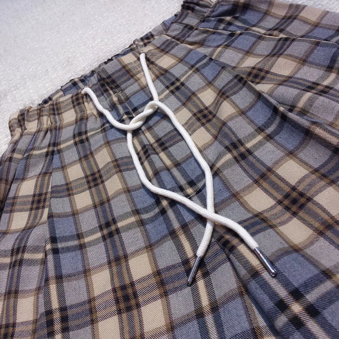 

Immi Korean autumn and winter designer drawstring elastic lace up Plaid high waist casual pants loose pants