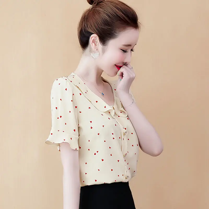 

Women Spring Summer Style Chiffon Blouses Shirt Lady Casual Short Sleeve Peter Pan Collar Print Women's Casual Tops