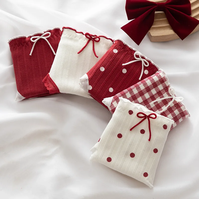 

Sexy Red Lace Women's Pure Cotton Panties Mid-waist Bowknot Women's Comfortable Soft Panties Ladies Red Polka Dot Sexy Panties