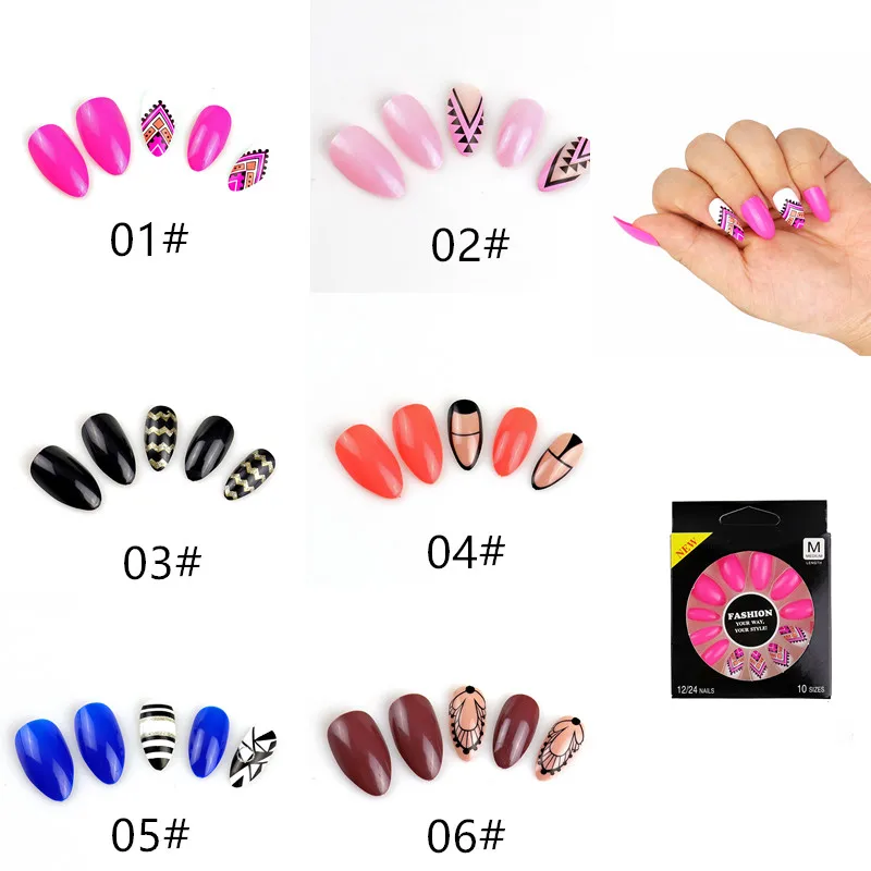 12Pcs Long Stiletto False Nail Tips With Glue Colorful Full Cover Fake Nails Tips Manicure Press On Nails Charms