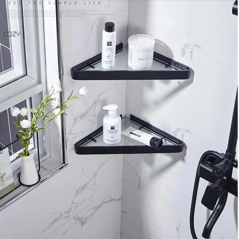 

Bathroom Shelf Aluminum Shower Shelf Glass Shower Shelf Black Finish Storage Suction Basket Storage Rack Bathroom Accessory