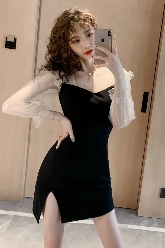 

COIGARSAM Sexy Patchwork Women one-piece dress korean Spring Mesh High Waist Dresses Black 1883