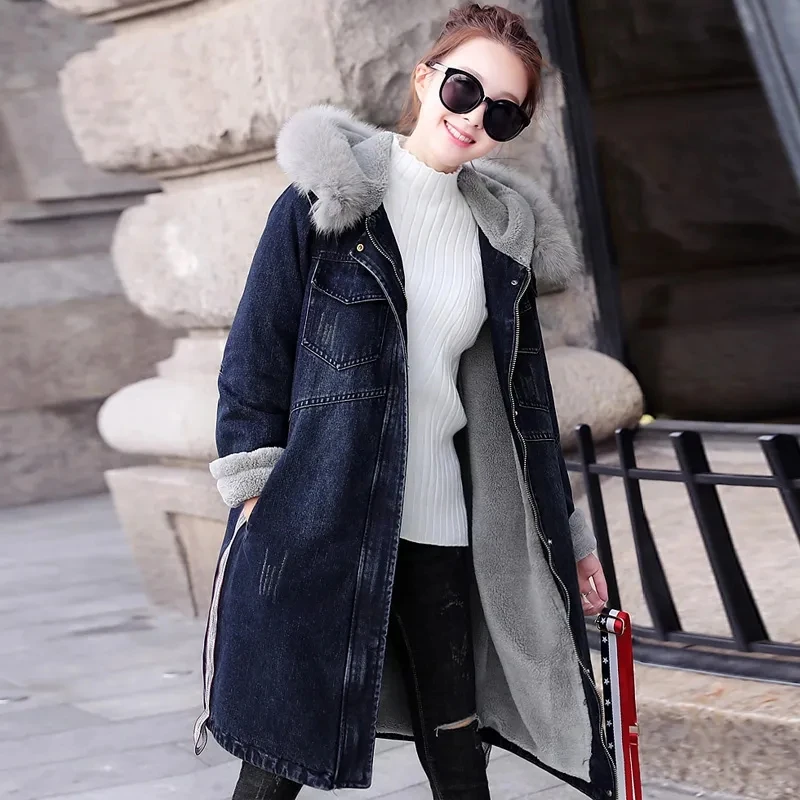 

2021 Autumn Winter Lambswool Jackets Womens Long Denim Jacket Parkas Female Plus Velvet Warm Cotton Coat Hooded Jeans Parka Tops