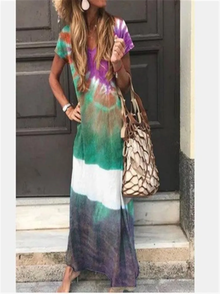 

Casual Loose Woman Dress V Neck Tie Dye Sleeveless Dress Summer Dress Long Dresses Beach Dress Maxi Dress for Women vestidos