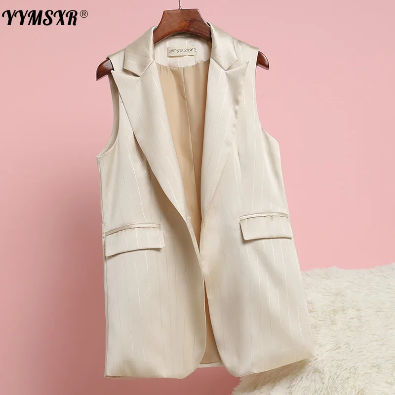 

YYMSXR High Quality Women's Vest Summer 2021 New Fashion Sleeveless Striped Suit One Button Casual All-match Blazer Female