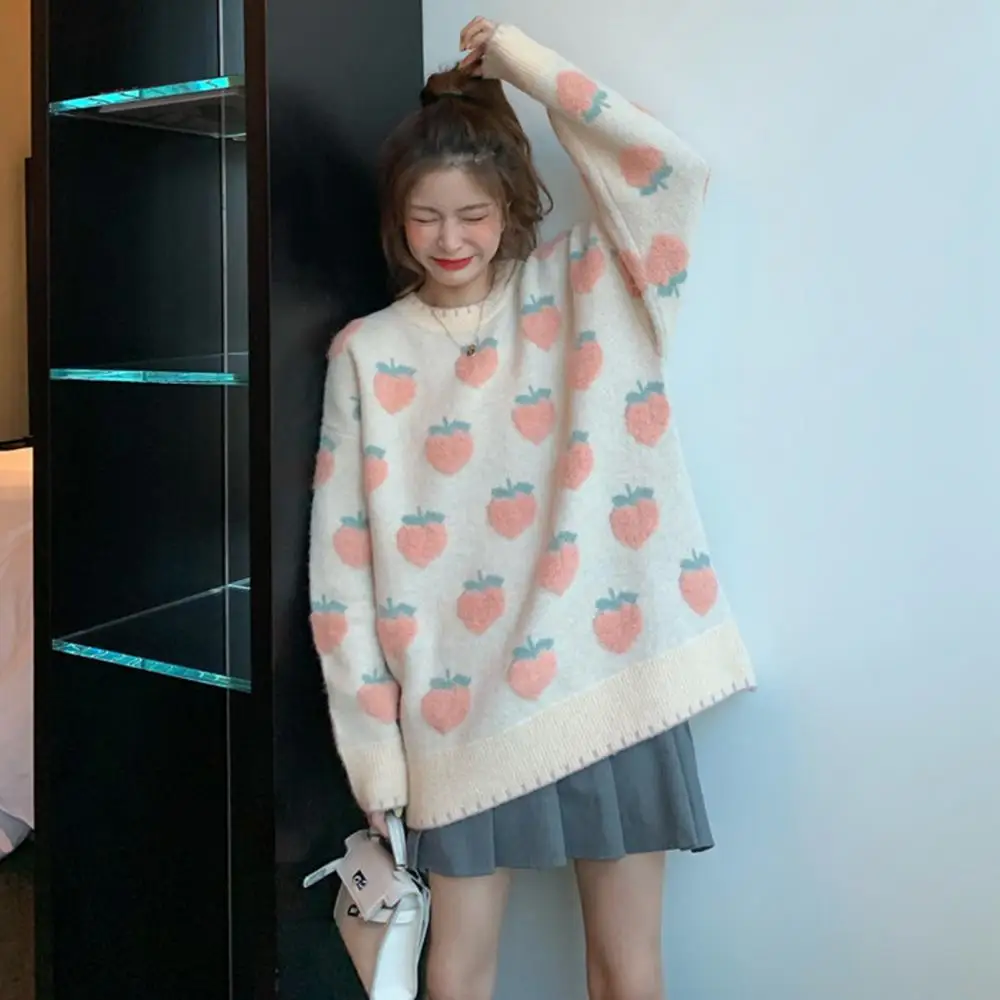 

Girl Loose Sweet Lazy Retro Japanese O-Neck Strawberry Print Long Sleeve Sweater