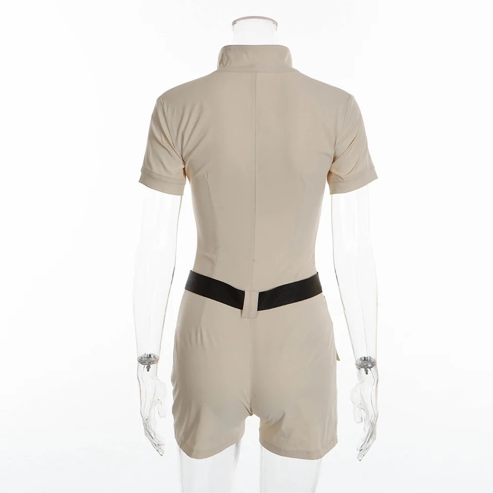 

2020 Summer Women Overalls Casual Romper Jumpsuit Front Zipper Shorts Summer Cargo Pants Shirt Jumpsuit Female Khaki Playsuit