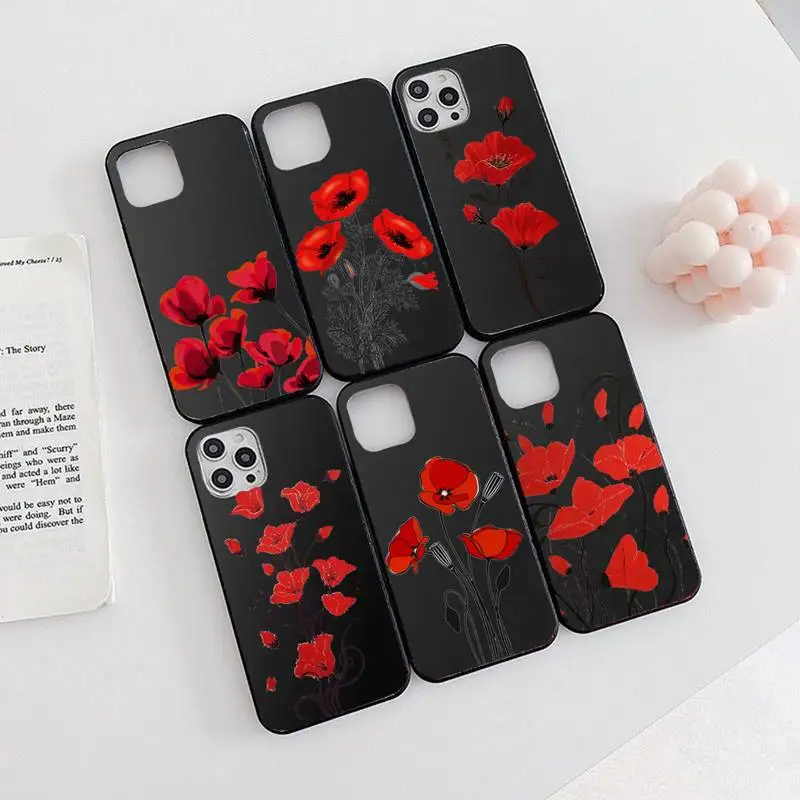 

Poppy Flower Bloom Phone Case Black Color For iPhone 13 12 11 X XR XS Pro Max Mini 6 6s 7 8 Plus SE Cover Funda