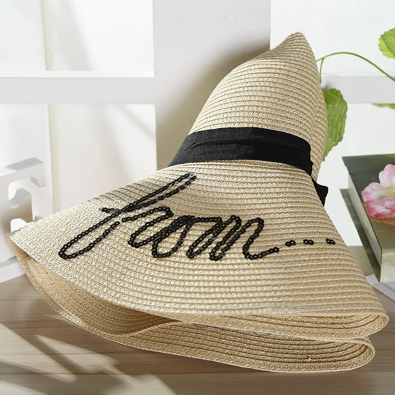 Вышивка блестками пляжные широкополая шляпа от солнца соломенная летняя