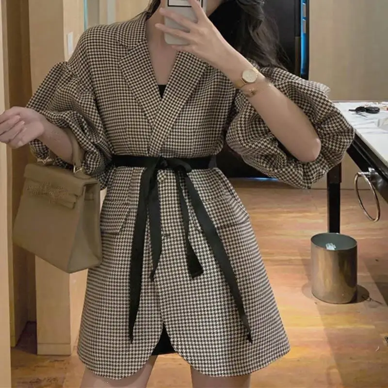 2020 новые женские костюмы рабочие блейзеры Платья клетчатые Длинные куртки с
