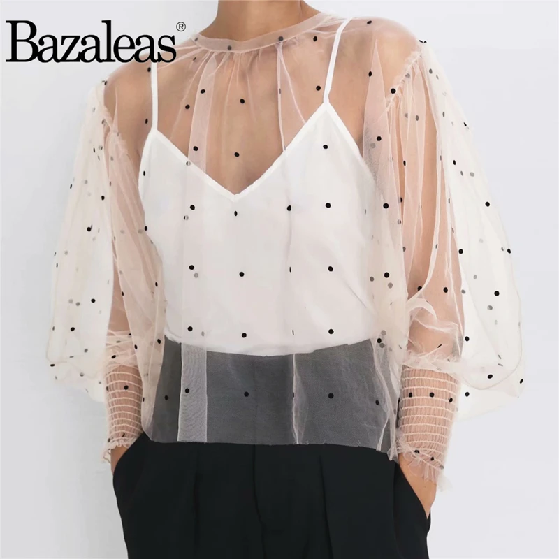 Bazaleas Мода O крем для шеи сетчатая блузка шикарная точка blusas mujer de moda 2019 прозрачные