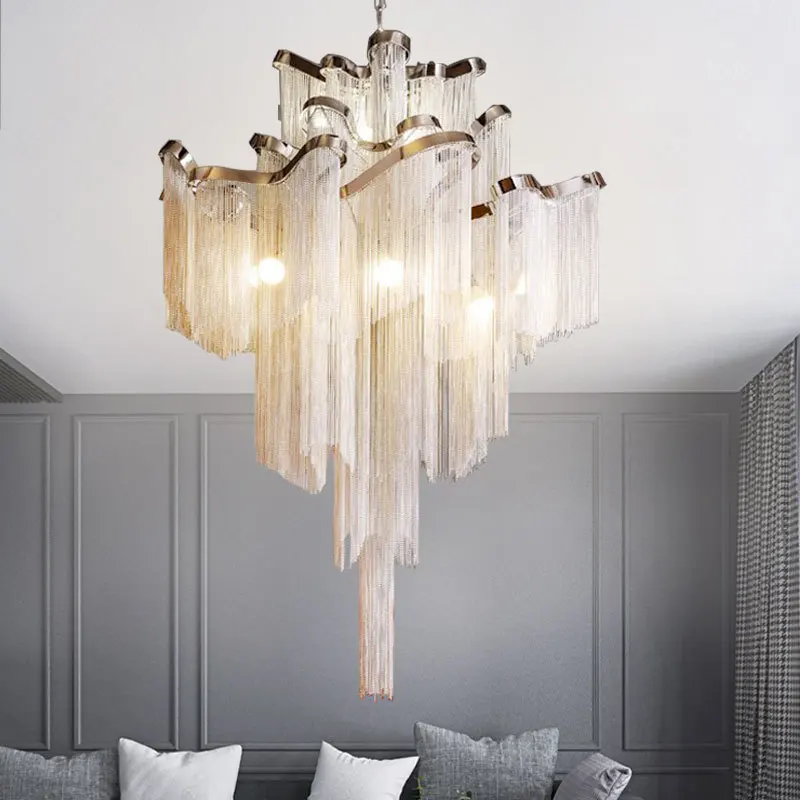 

Aluminium Chain Chandelier Fringed Pendant Lamp Luxury Stair Silver Gold Ceiling Light for Home Hotel Decoration Hanging Lamp