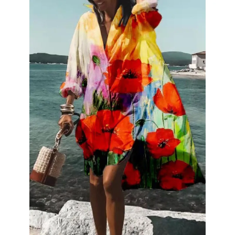 

Fall Floral Dresses Women Summer Mini Shirt Dress 2021 Boho Beach Flowy Swing Shift Dress Casual V-Neck Button Up Loose Sundress