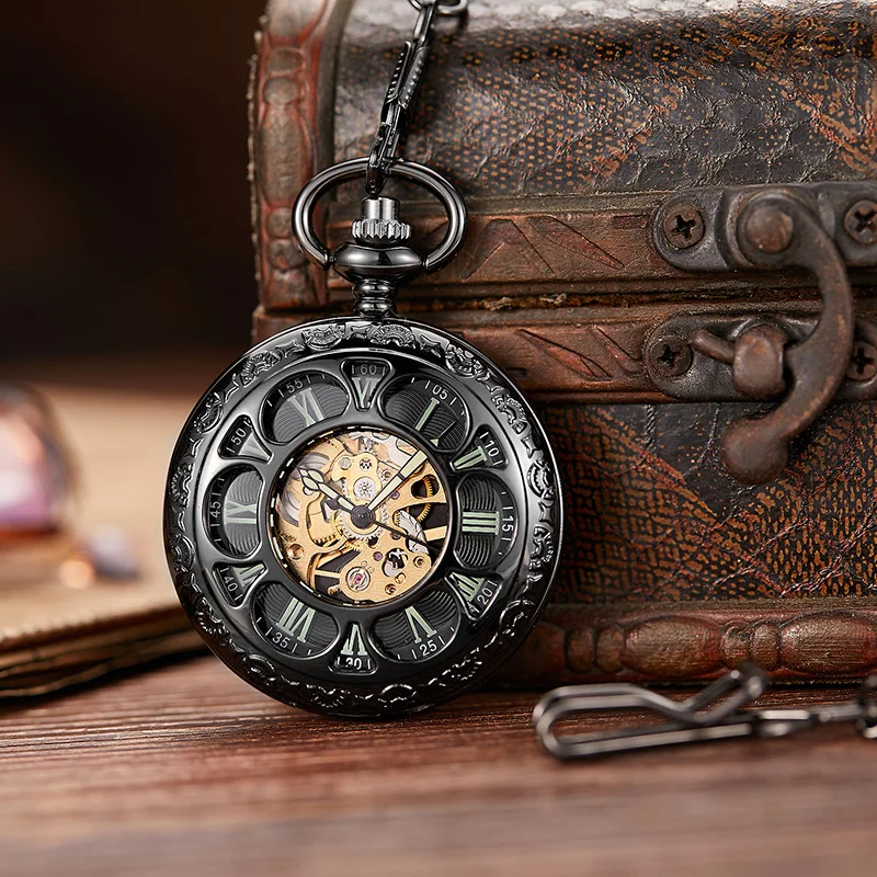Hand-winding Mechanical Pocket Watch Men Women Fashion Roman Numerals Wood Hollow Fob Chain Steampunk Clock Skeleton Watch