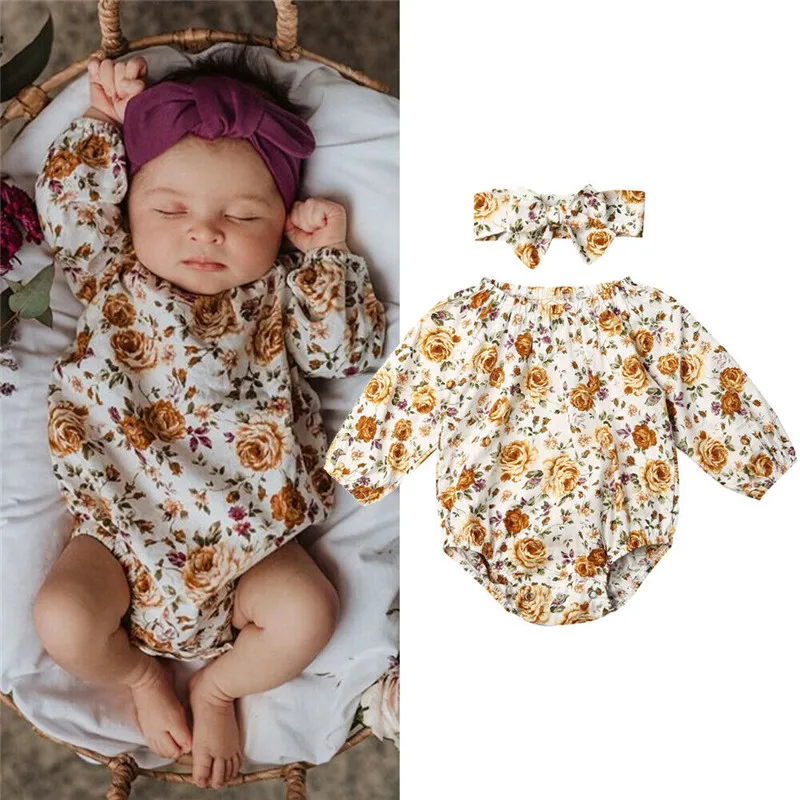 Flowers Cute Outfits Overalls Fashion Lovely Newborn Baby Girl Fall Spring Clothes Floral Bodysuit Jumpsuit Headband Set | Детская