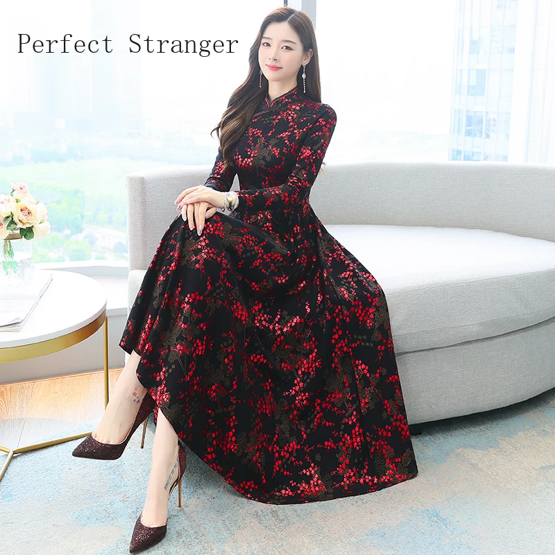 Женское осенне-зимнее платье-Ципао с длинным рукавом и цветочным принтом |