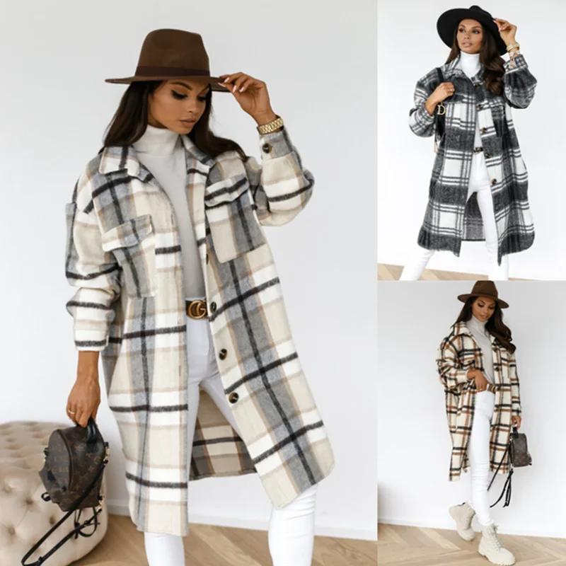 

Autumn Winter Women's Long Coats Jackets Fashion Long Casual Warm Lattice Woolen Jacket Banquet Trend Lapel Woman Windbreaker