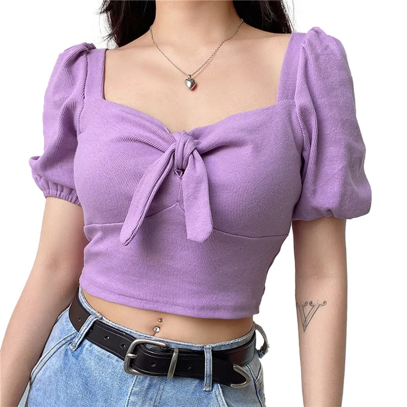

T-shirts Women Solid Color Square Neck Bowknot Puff Short Sleeve Slim Fit Knit Crop Tops 2020 Fashion Female