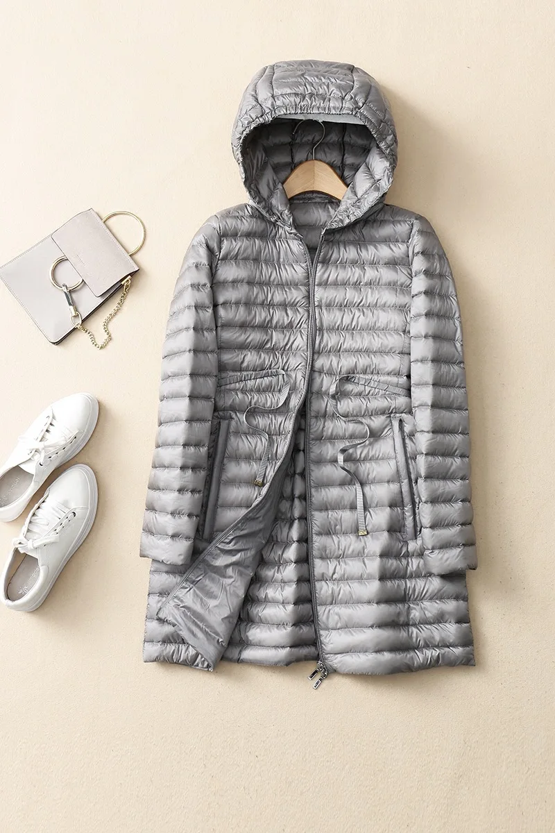 Новинка зимняя пуховая куртка средней длины с капюшоном легкий пуховик и поясом