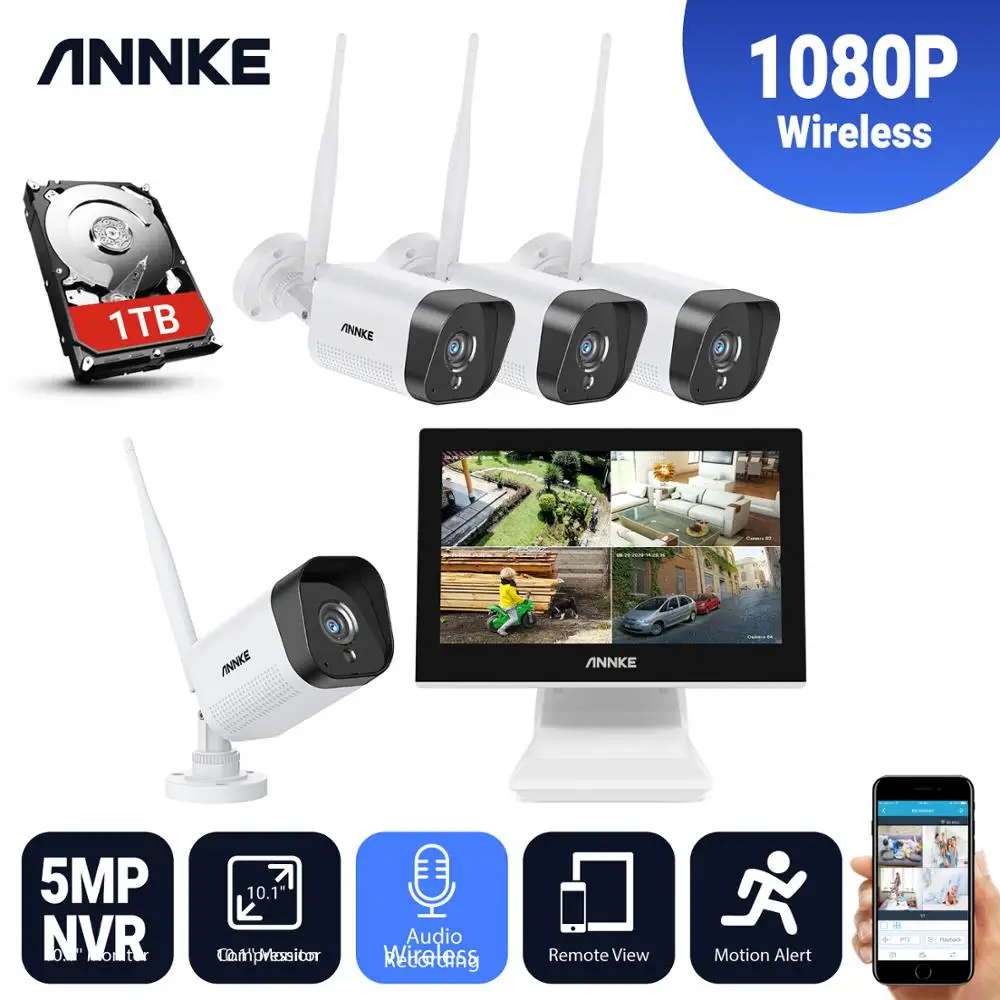 

Беспроводная система видеонаблюдения ANNKE, 4 уличные водонепроницаемые IP-камеры 1080P, NVR 5 МП, поддержка Wi-Fi, аудио, жесткий диск 1 ТБ, 4 канала