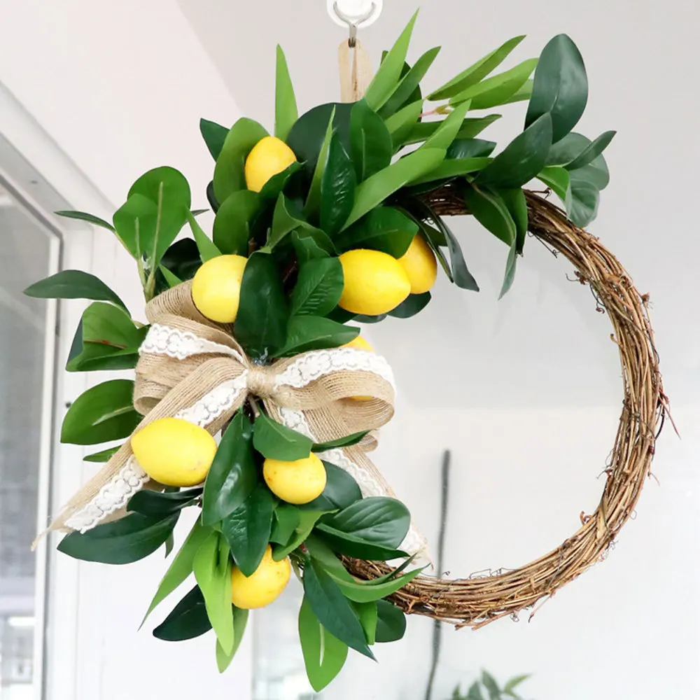 

Simulation Lemon Green Leaves Wreath Holiday Supplies Garland Hanging Pendant Party Festival Decor Fall Wreath