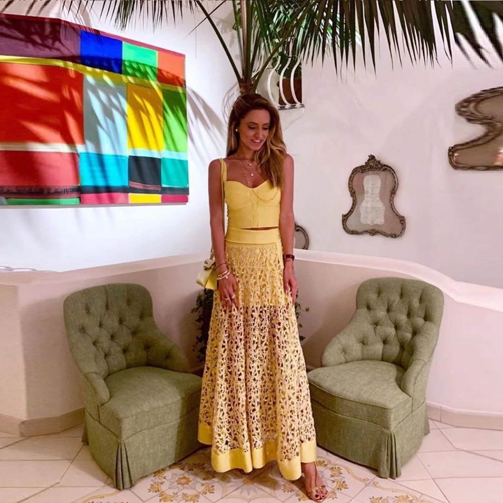 2020 женское желтое открытое длинное платье макси с тонкими бретельками вечерние