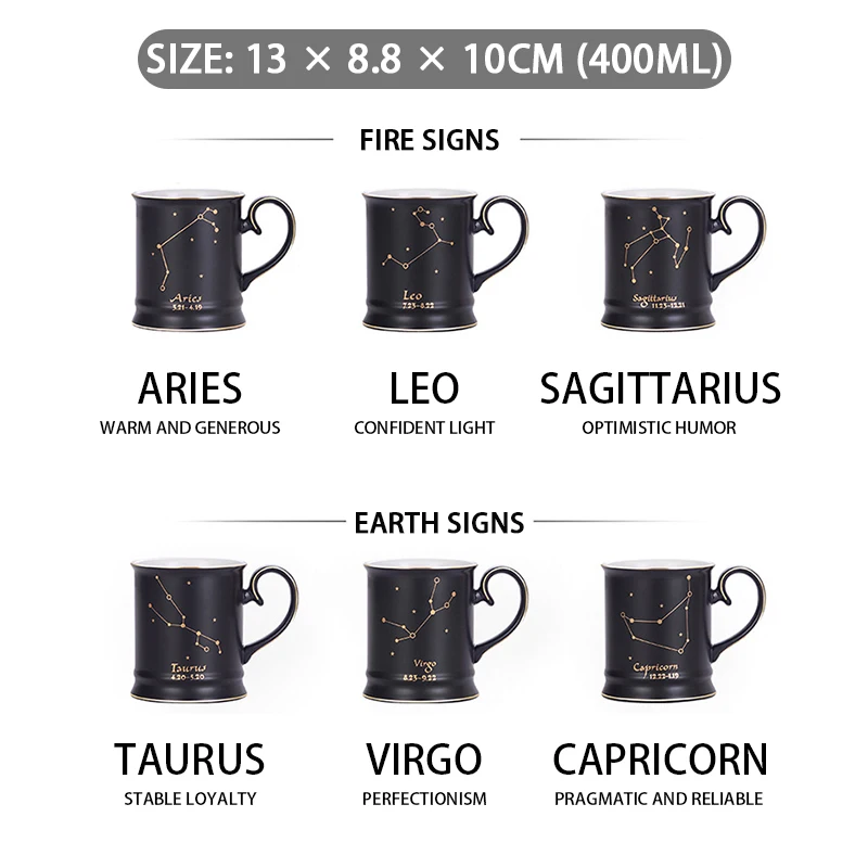 

12 Constellations Ceramic Mugs Creative Mugs with Spoon Black and Gold Porcelain Coffee Cup Drinkware