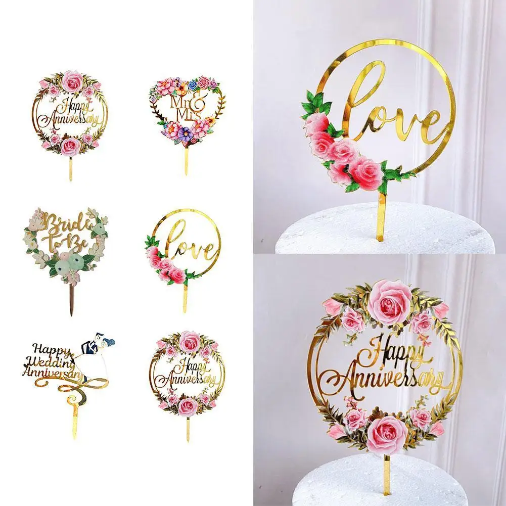 

New Colored Flowers Happy Anniversary Cake Topper Love Diamond Cake Flags Mr & Mrs Cake Topper Wedding Party Cake Baking Decor