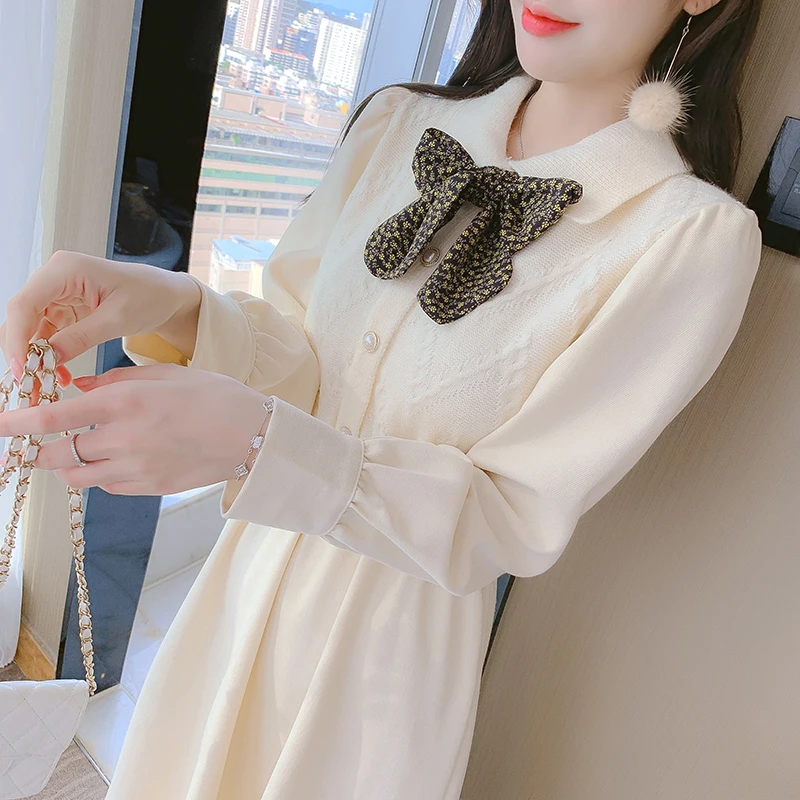 

Женское трикотажное платье в стиле пэчворк, однотонное шифоновое офисное платье с длинным рукавом и воротником «Питер Пэн» и высокой талие...